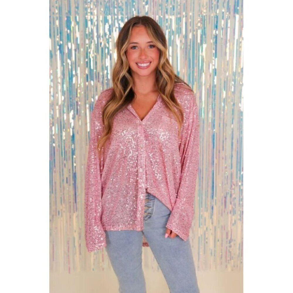 Life's a Party Sequin Button-Up Shirt in Rose Pink - Picture 10 of 12